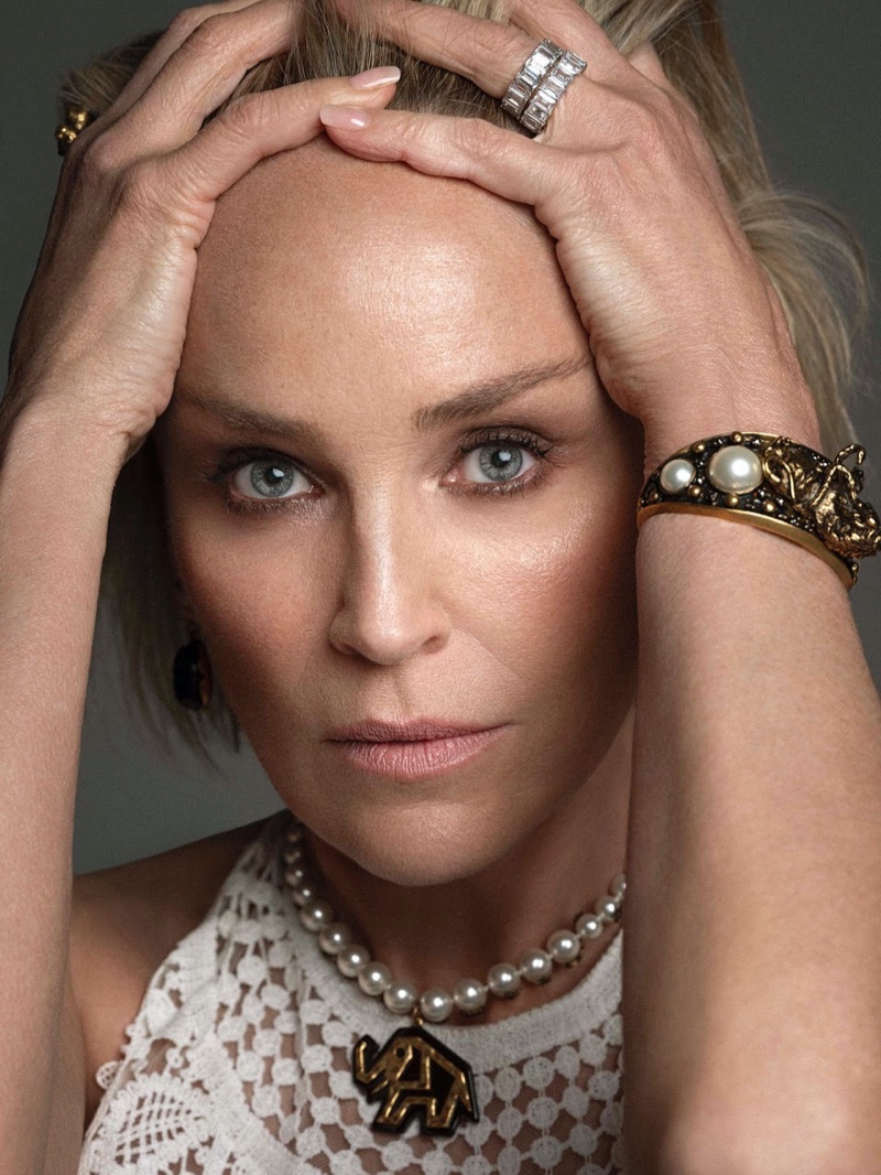 Ready for her closeup, Sharon Stone models Dior dress, necklace and bracelet