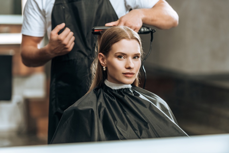 Woman Hair Salon Flat Iron Cape