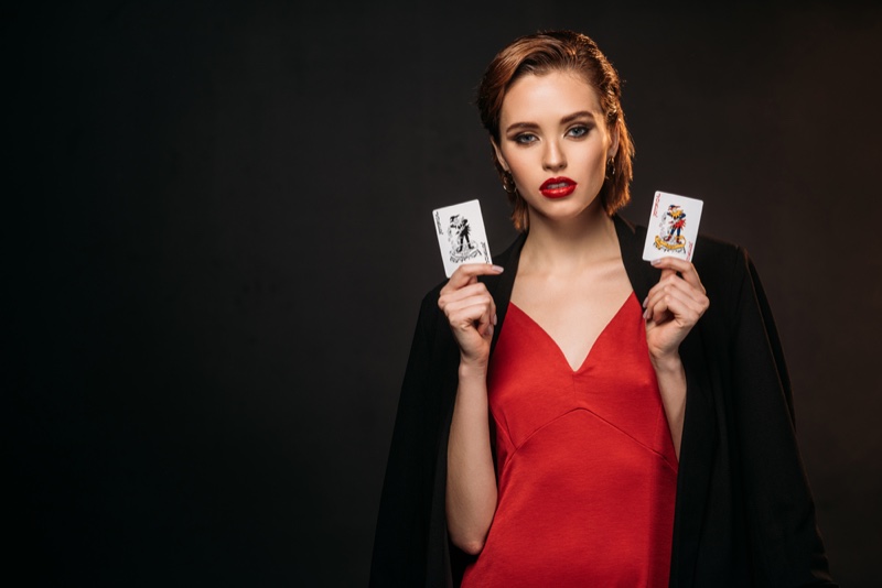 Woman Playing Cards Red Dress Attractive