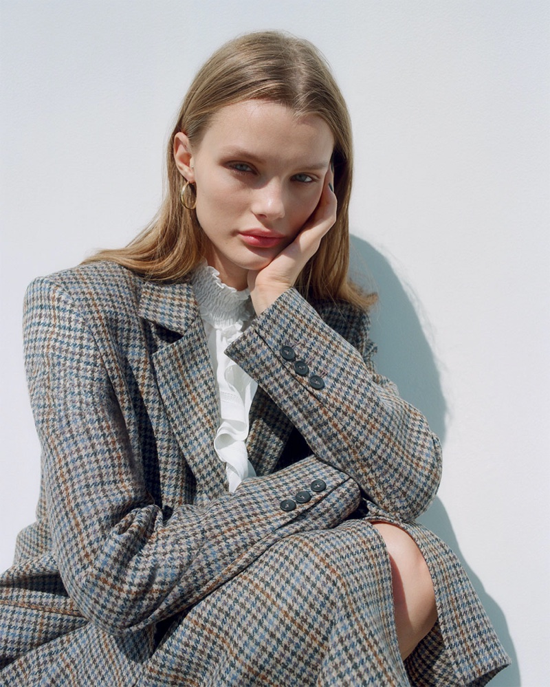 Zara Houndstooth Blazer, Oversized Poplin Shirt, Belted Houndstooth Skirt and Hoop Earrings