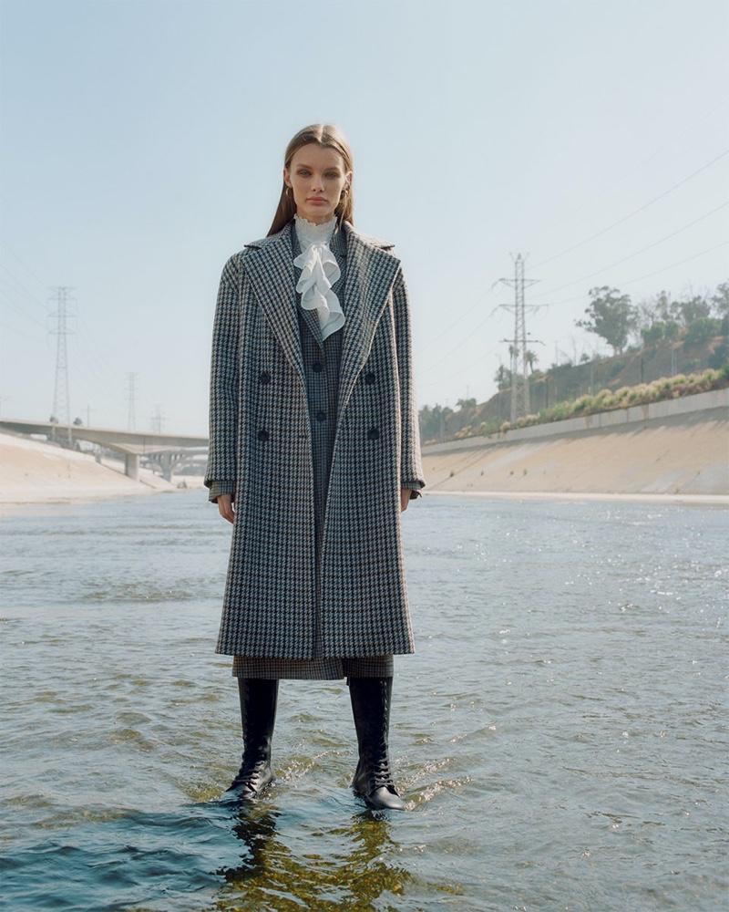 Zara Plaid Coat, Houndstooth Blazer, Oversized Poplin Shirt, Houndstooth Skirt and Leather Boots with Lug Soles