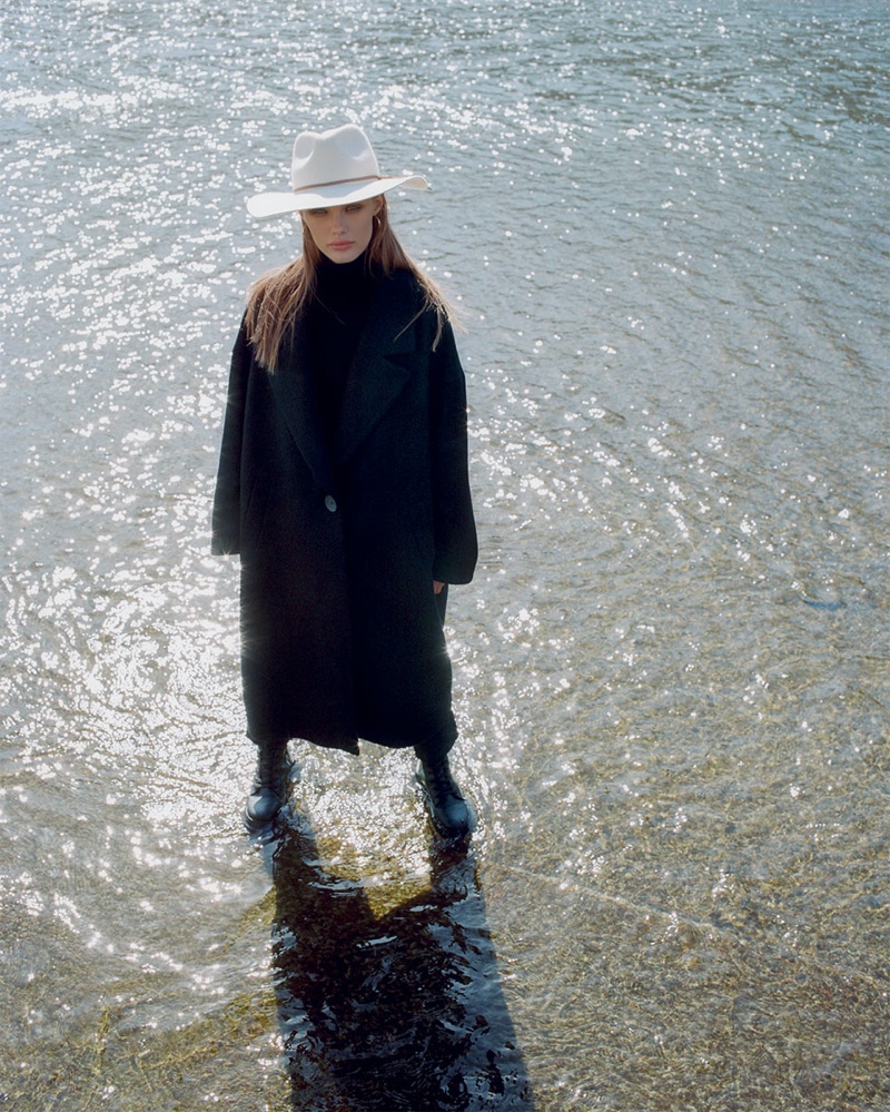 Zara Oversized Button Coat, Merino Wool Sweater, Leather Boots with Lug Soles and Felt Hat