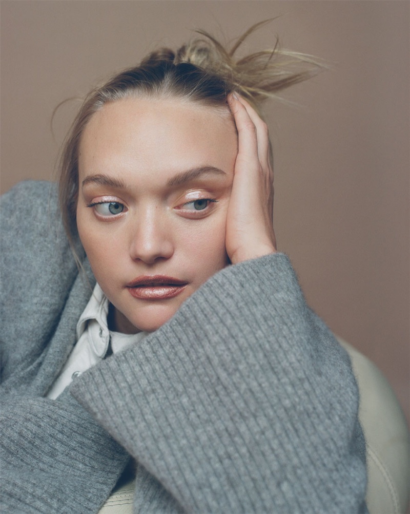 Gemma Ward models Zara Limited Edition wool and yak jacket with denim overshirt