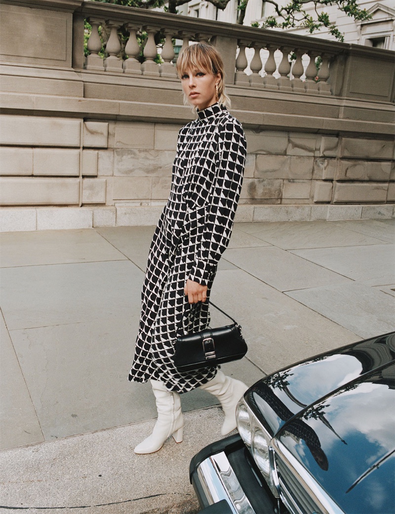 Zara Long Printed Dress, Leather Heeled Boots and Baguette Bag with Buckle