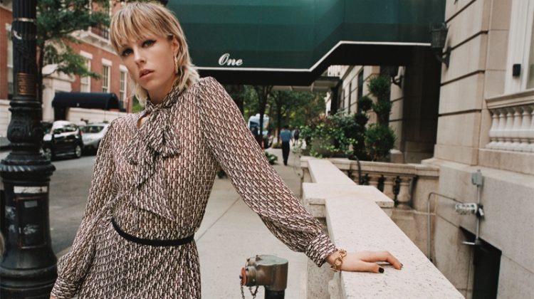 Zara Pleated Printed Dress and Textured Hoop Earrings