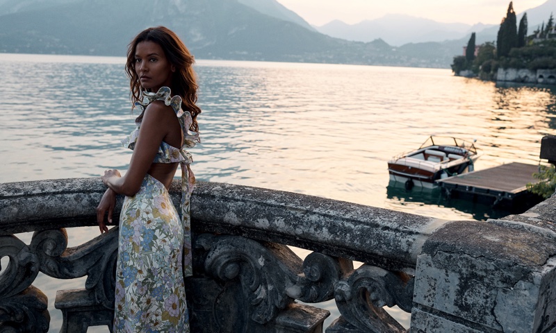 Liya Kebede poses in floral print dress for Zimmermann resort 2020 campaign