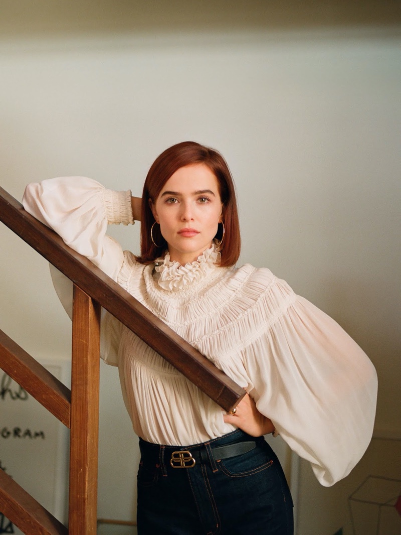 Actress Zoey Deutch wears Chloe blouse with SLVRLAKE jeans