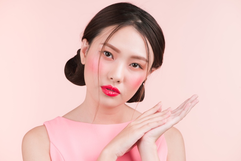 Asian Model Makeup Beauty Glossy Lips Bun