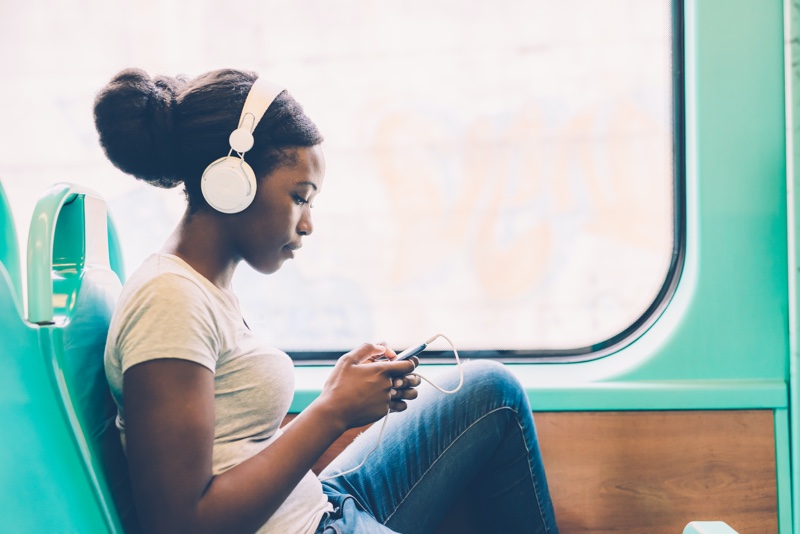 Black Woman Headphones Listening Train