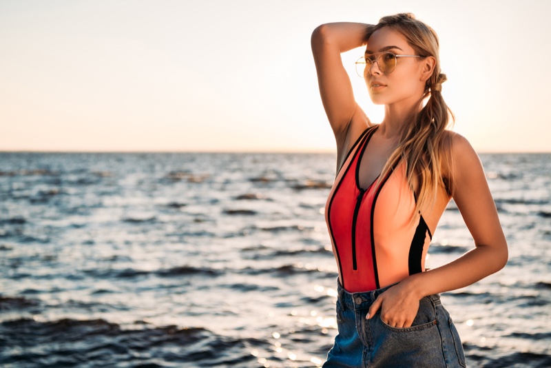 Blonde Model Beach Swimsuit Denim Shorts Sunglasses Ponytail