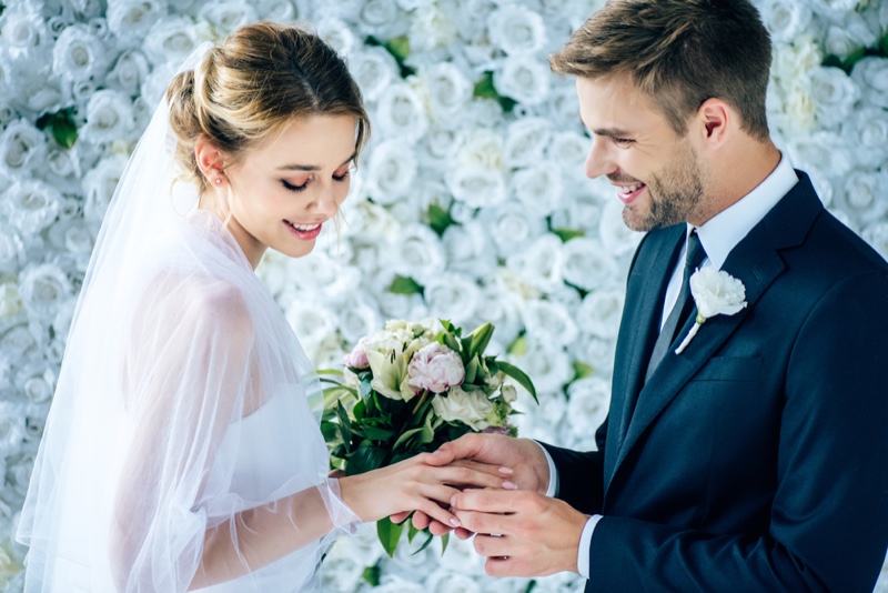 Bride Groom Flower Backdrop Smiling Wedding