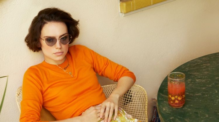 Daisy Ridley wears Zimmermann top and shorts with Stella McCartney sunglasses