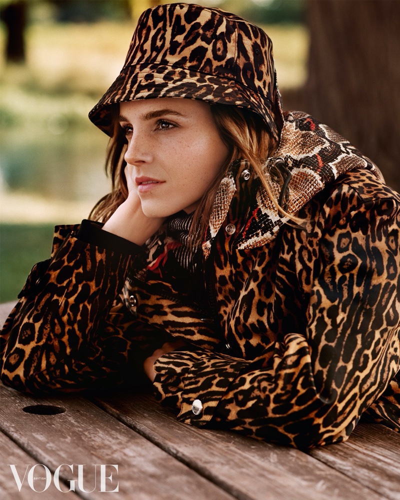 Posing in leopard print, Emma Watson wears Burberry parka and bucket hat