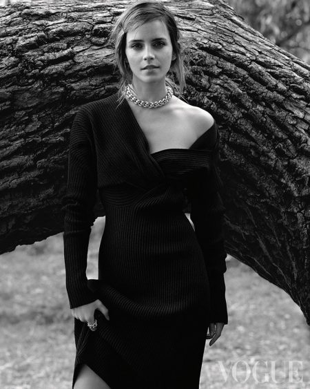 Emma Watson Wears Elegant Looks for Vogue UK Captured in black and white, Emma Watson wears Bottega Veneta dress and jewelry