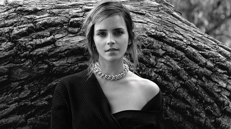 Captured in black and white, Emma Watson wears Bottega Veneta dress and jewelry