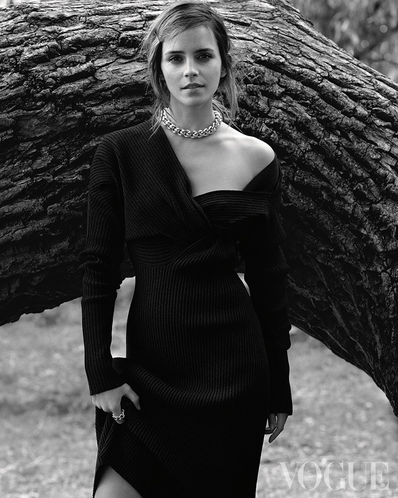 Captured in black and white, Emma Watson wears Bottega Veneta dress and jewelry