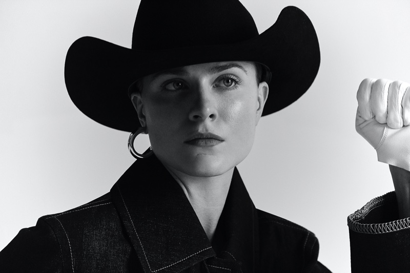 Evan Rachel Wood models Colovos denim with Palace Costume hat and gloves