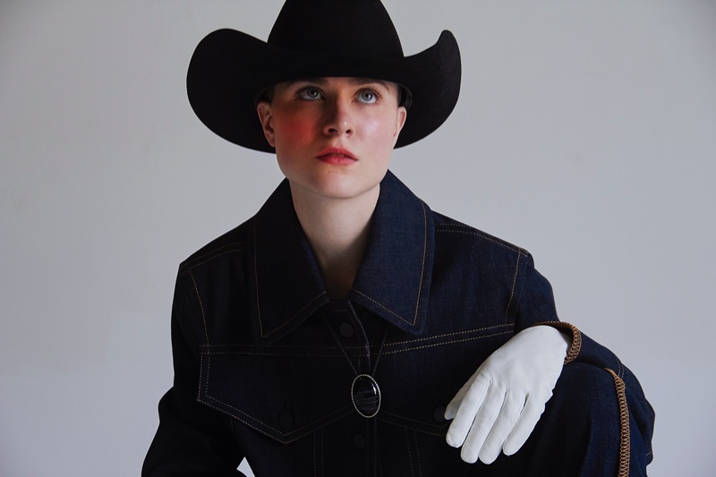 Actress Evan Rachel Wood wears Colovos denim with Palace Costume hat and gloves