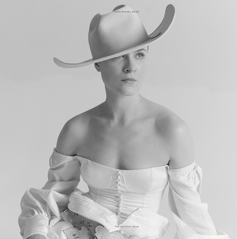 Captured in black and white, Evan Rachel Wood shows off a cowgirl inspired look