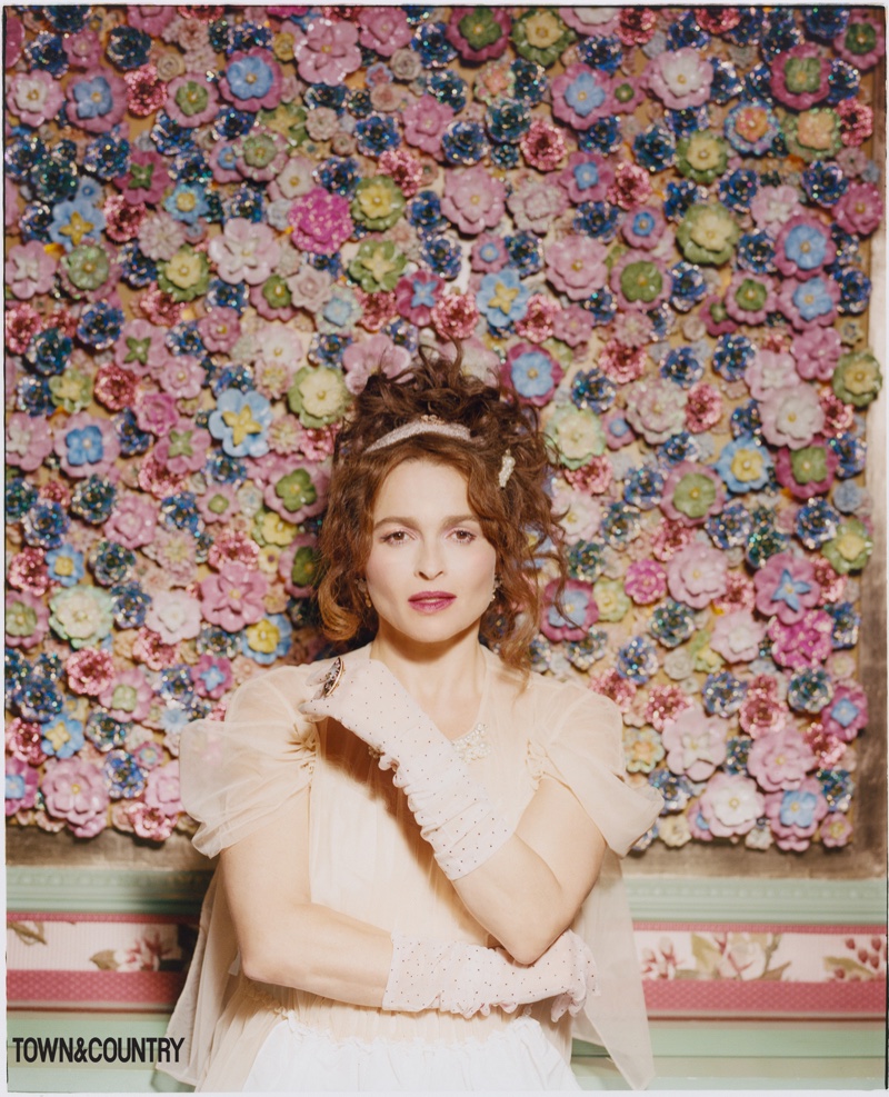 Helena Bonham Carter wears Simone Rocha dress with Abbie Walsh headband and gloves