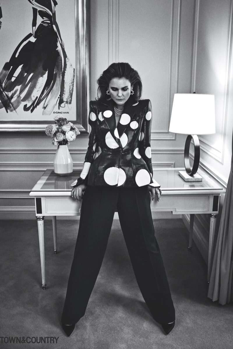 Actress Keri Russell poses in Armani Price jacket and pants with Giuseppe Zanotti pumps