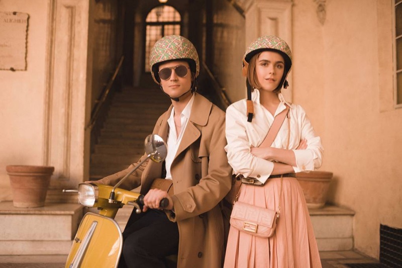 Christian Coppola and Kiernan Shipka pose in Rome for Fendi #BaguetteFriendsForever campaign