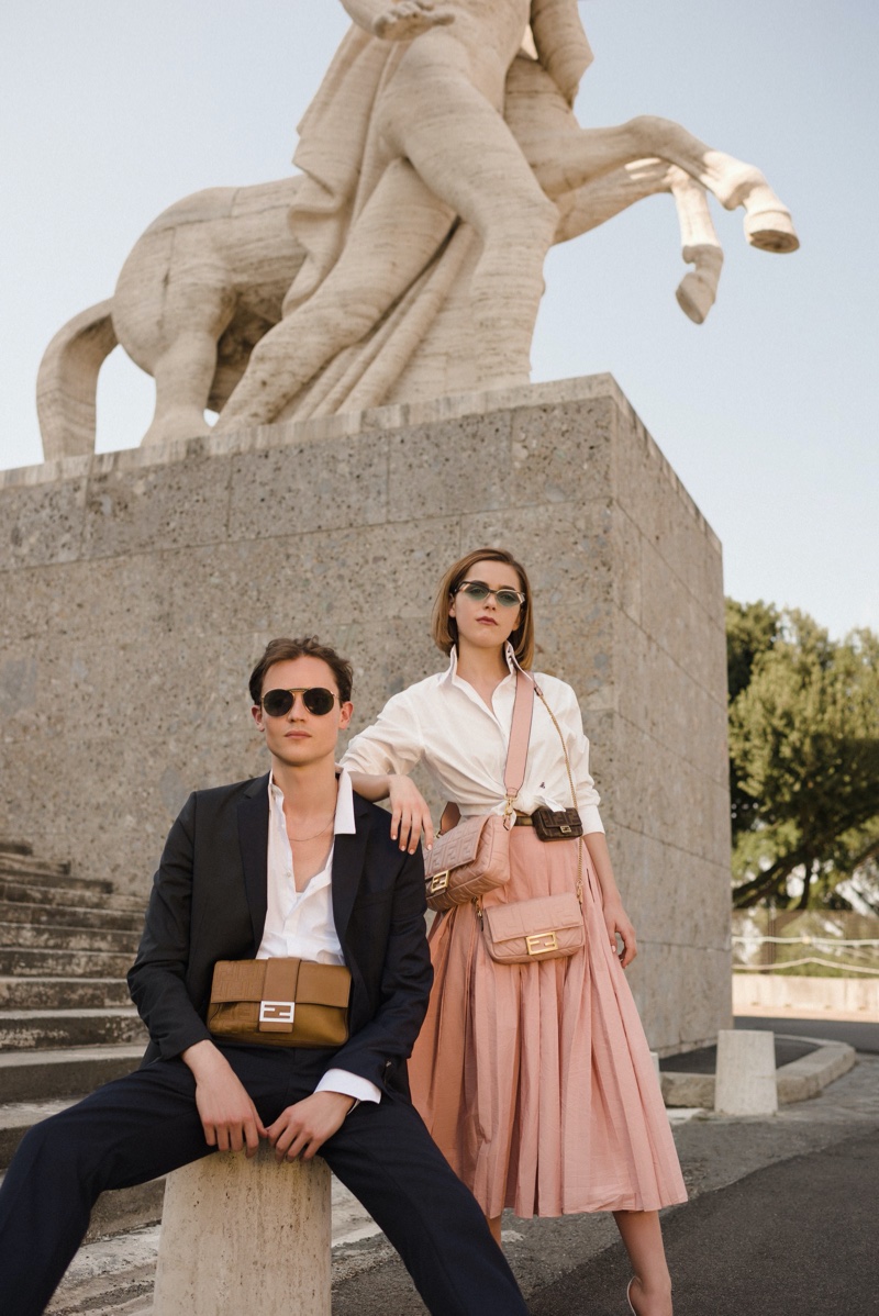 Kiernan Shipka poses with friend Christian Coppola in Fendi #BaguetteFriendsForever campaign