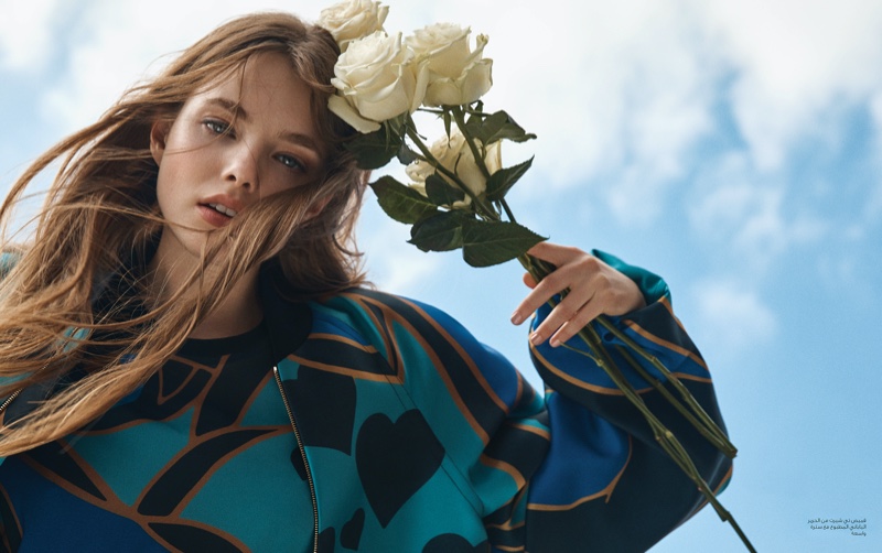 Photographed by Yossi Michaeli, Kristine Froseth wears Elie Saab dress