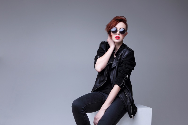 Leather Jacket Sunglasses Black Jeans Model