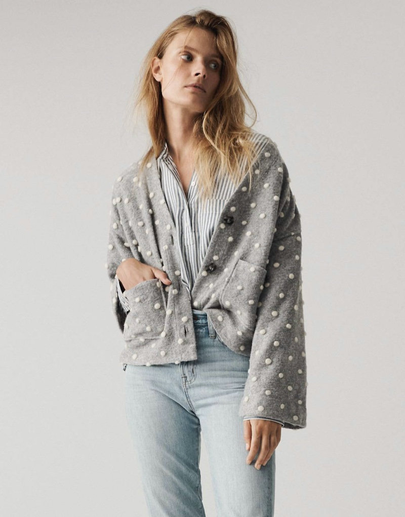 Madewell Texture & Thread Boxy Bobble Cardigan $98, Puff-Sleeve Popover Shirt in Railroad Stripe $59.50 and The Perfect Vintage Jean in Fitzgerald Wash $98