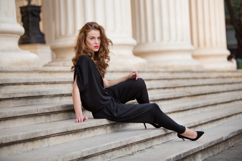 Model Black Jumpsuit Heels Steps