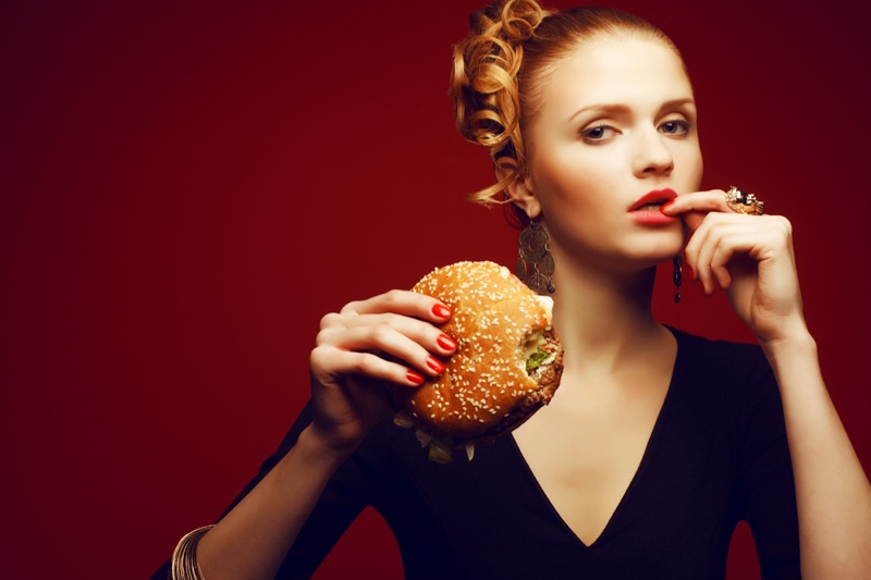 Model Fashion Cheeseburger Food Red Nails