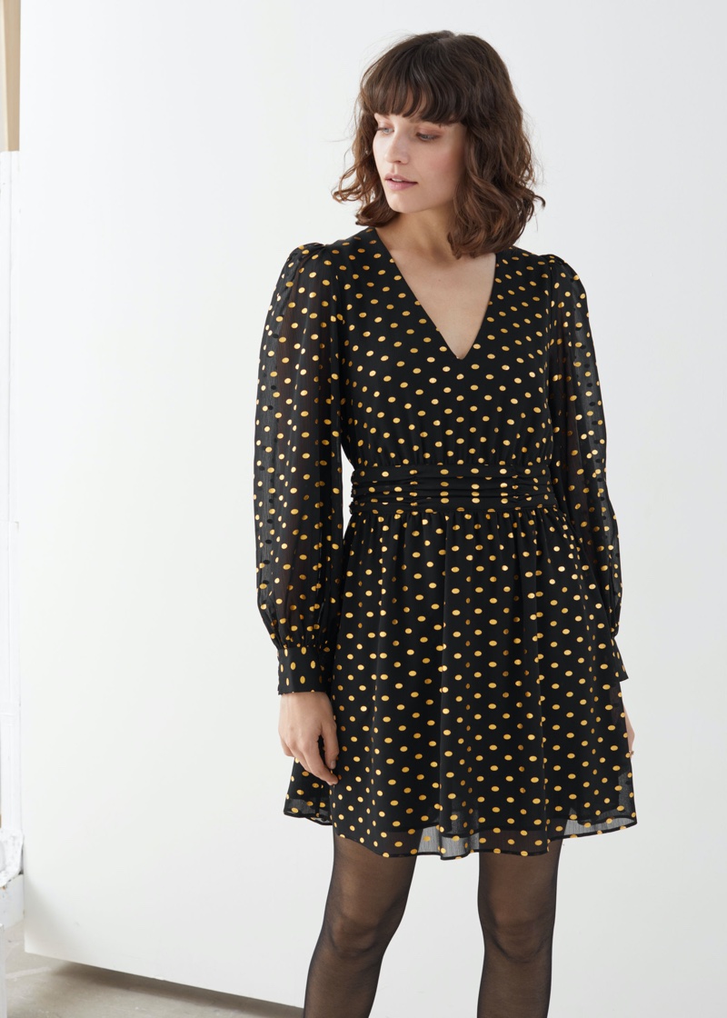 & Other Stories Metallic Dotted Gathered Mini Dress $69