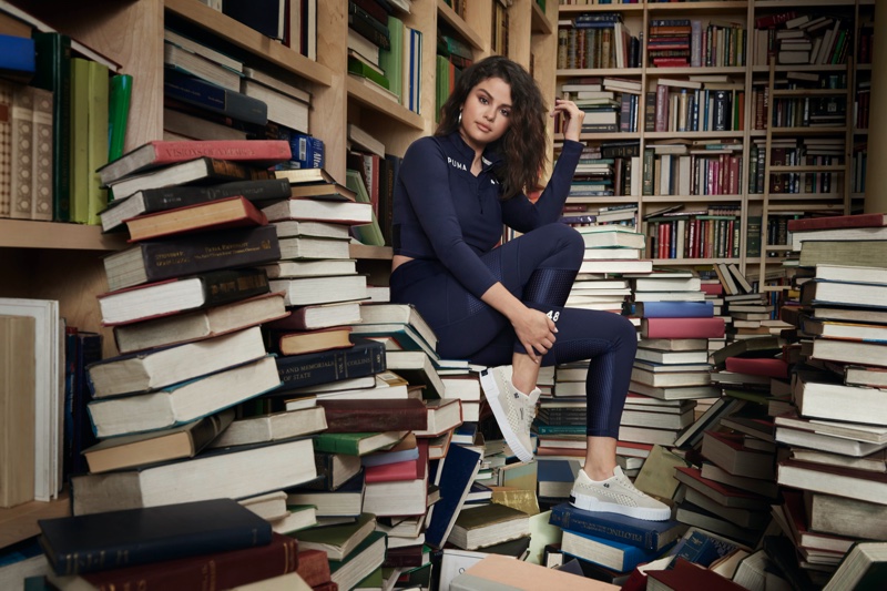 Posing in a library, Selena Gomez fronts SG x PUMA fall-winter 2019 campaign