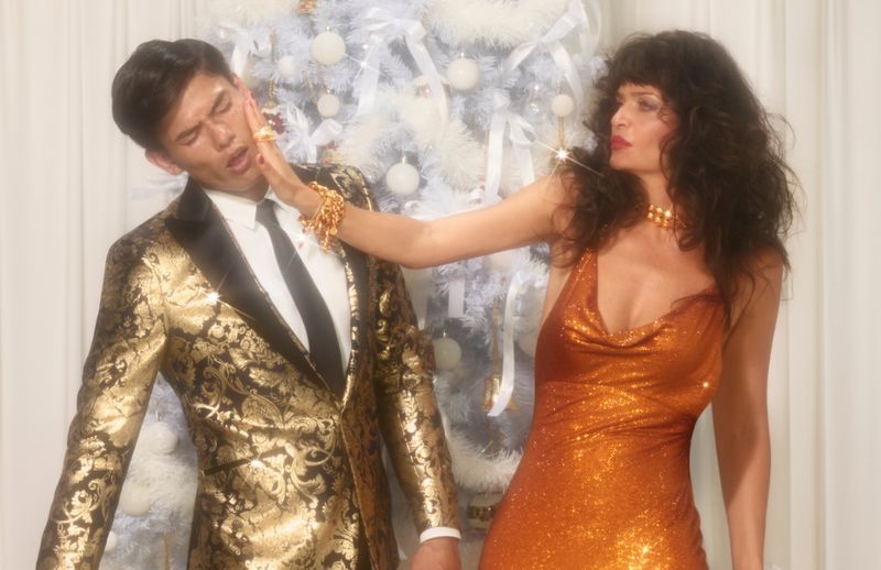 Helena Christensen slaps Simonas Pham in Versace Holiday 2019 campaign