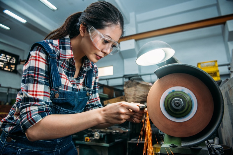 Woman Using Grinder Asian Overalls Plaid