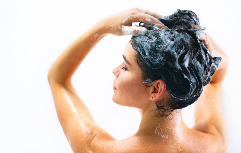 Woman Washing Hair Suds Shower