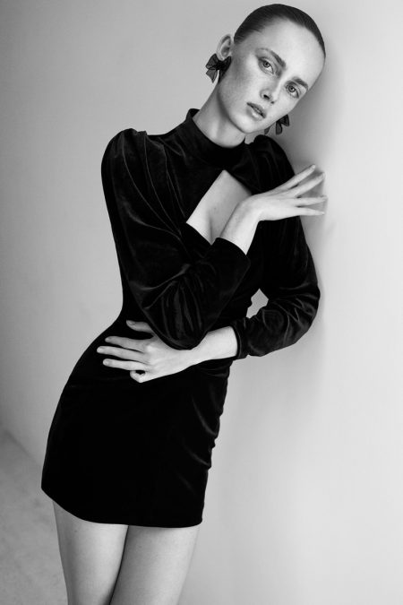 Rianne van Rompaey Tries On Zara's Evening Collection Rianne van Rompaey poses in Zara velvet mini dress