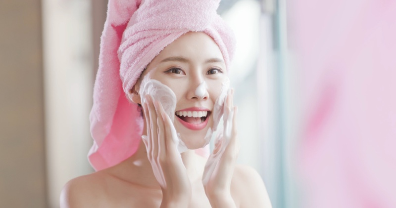 Asian Woman Smiling Washing Face Pink Head Towel