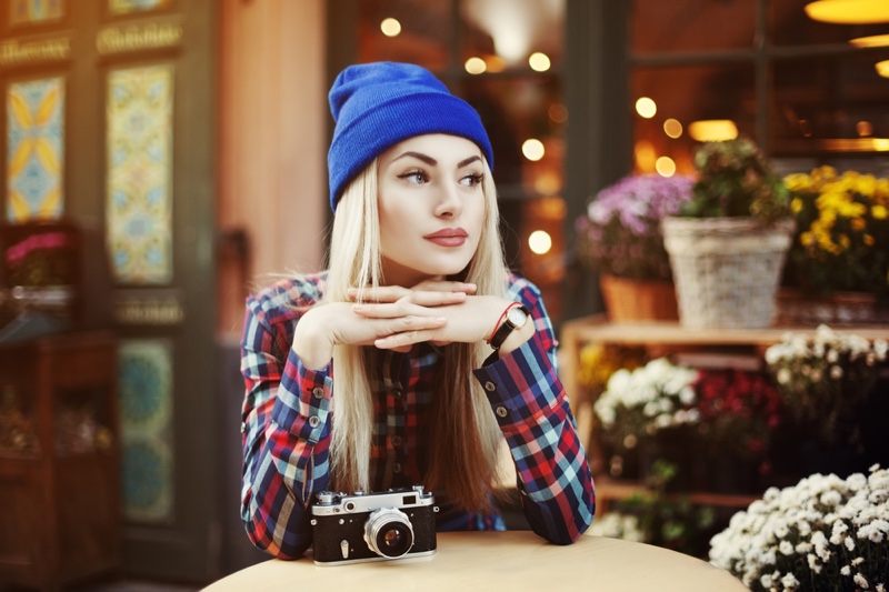 Beanie Plaid Shirt Camera Attractive Blonde Woman