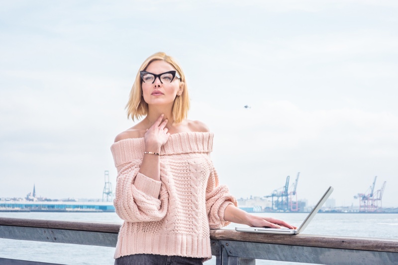 Blonde Bob Length Woman Off Shoulder Pink Sweater Cat Eye Glasses Laptop