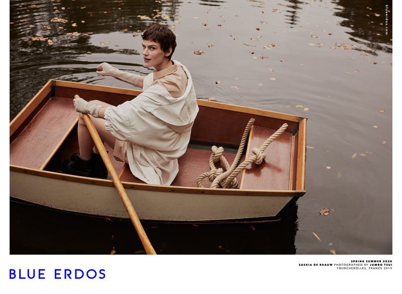 Rowing a boat, Saskia de Brauw appears in Blue Erdos spring-summer 2020 campaign