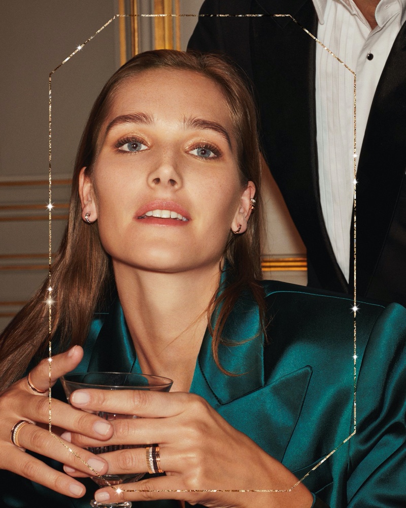 Model Josephine le Tutour wears stacked rings in Boucheron Holiday 2019 campaign