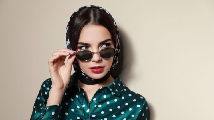 Brunette Model Retro Hair Makeup Polka Dot Shirt Head Scarf Sunglasses
