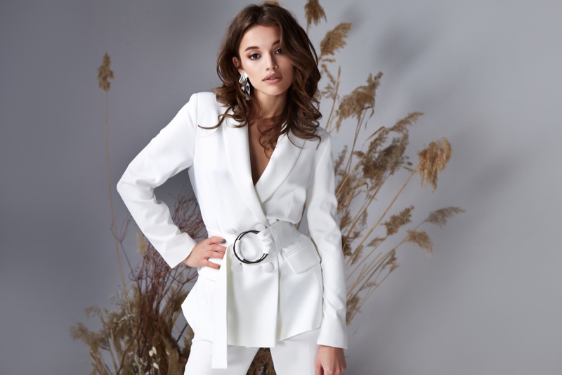 Brunette Model White Jacket Pants