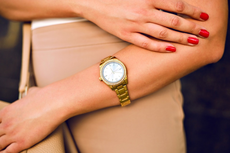 Closeup Woman Arms Gold Luxury Watch Red Nails