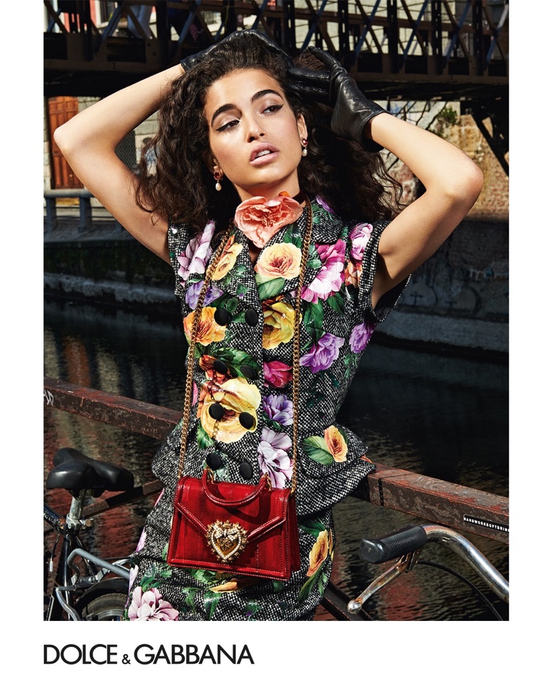 Chiara Scelsi models florals in Dolce & Gabbana accessories fall-winter 2019 campaign