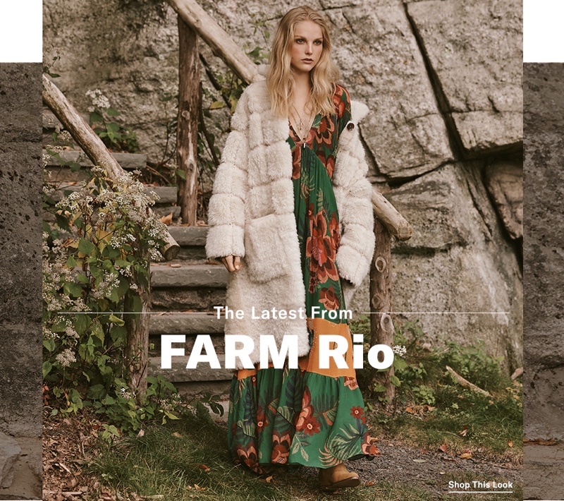 FARM Rio Artisanal Floral Long Dress $275, Ulla Johnson Ellaria Coat $3,350 and Vince Sinclair Boots $375