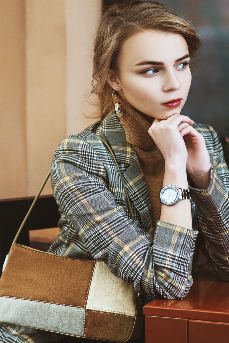 Fashion Model Plaid Jacket Bag Watch Stylish