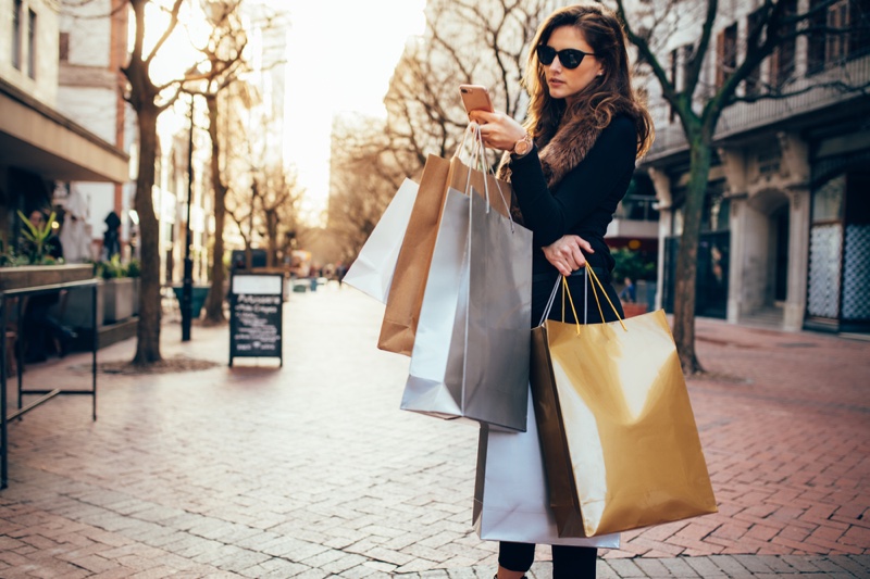Fashionable Woman Street Shopping Bags Phone Fur